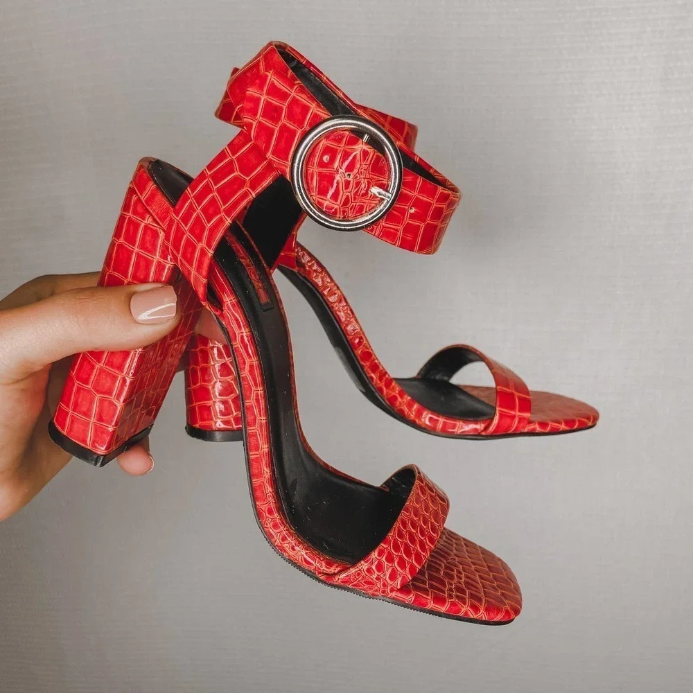 Forever 21 Red Croc-Embossed Block Heel Sandals with Buckle